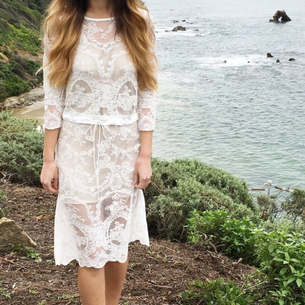 Uniq Sheer Lace Overlay Dress in White Size S